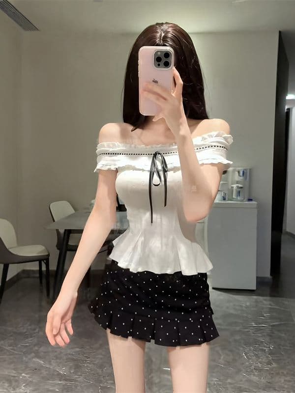 있음 선적 자카드 원단 순수한 욕망 바람 핫걸 오프숄더 민소매 티셔츠 여성 여름 슬림해 보이는 디자인 센스 맨위 상세 이미지 7