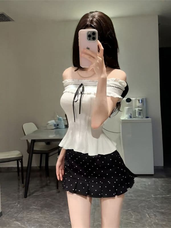 있음 선적 자카드 원단 순수한 욕망 바람 핫걸 오프숄더 민소매 티셔츠 여성 여름 슬림해 보이는 디자인 센스 맨위 상세 이미지 8