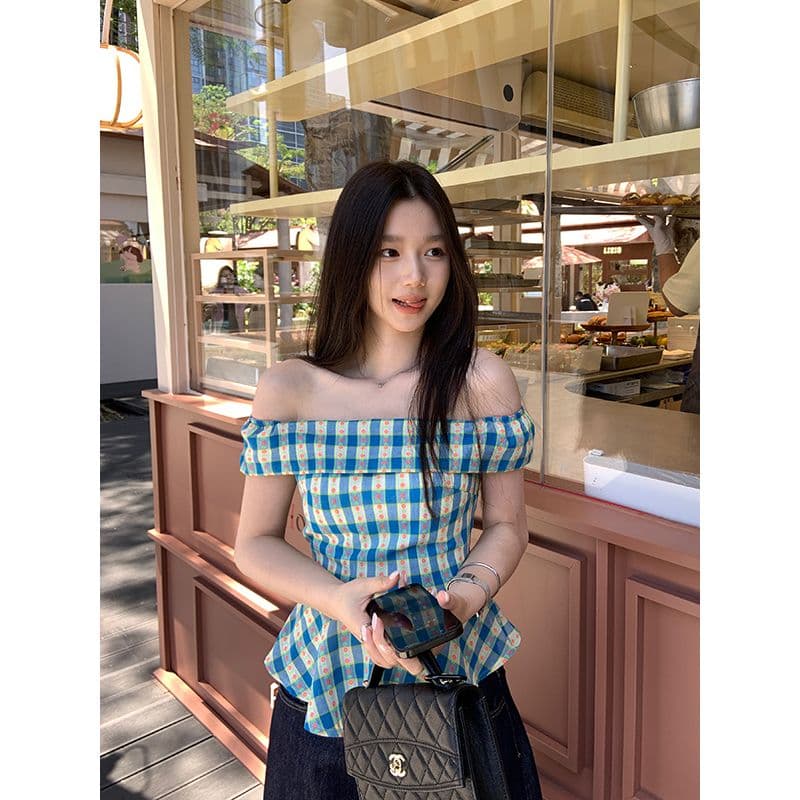 있음 선적 지퍼 네리 체크무늬 오프숄더 여성 셔츠 여름 한국 스타일 몸매 가꾸기 프릴 하이웨이스트 슬림해 보이는 맨위