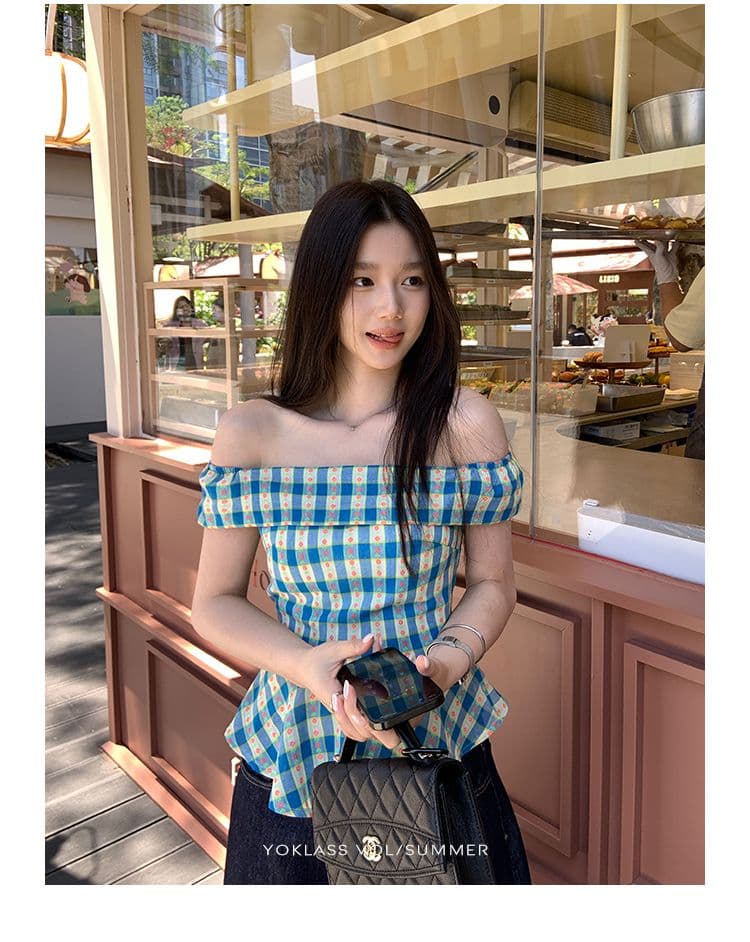 있음 선적 지퍼 네리 체크무늬 오프숄더 여성 셔츠 여름 한국 스타일 몸매 가꾸기 프릴 하이웨이스트 슬림해 보이는 맨위 상세 이미지 2