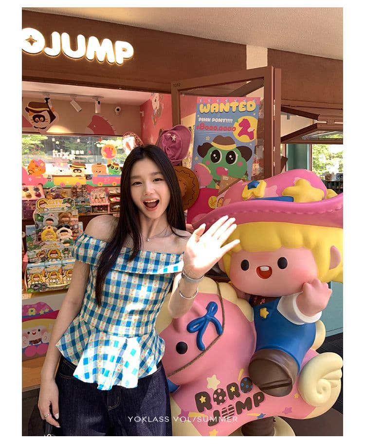 있음 선적 지퍼 네리 체크무늬 오프숄더 여성 셔츠 여름 한국 스타일 몸매 가꾸기 프릴 하이웨이스트 슬림해 보이는 맨위 상세 이미지 3