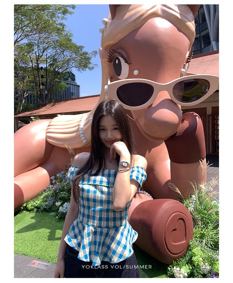 있음 선적 지퍼 네리 체크무늬 오프숄더 여성 셔츠 여름 한국 스타일 몸매 가꾸기 프릴 하이웨이스트 슬림해 보이는 맨위 상세 이미지 4