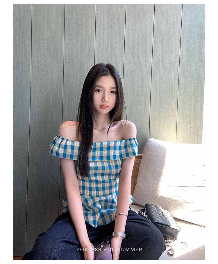 있음 선적 지퍼 네리 체크무늬 오프숄더 여성 셔츠 여름 한국 스타일 몸매 가꾸기 프릴 하이웨이스트 슬림해 보이는 맨위 상세 이미지 6