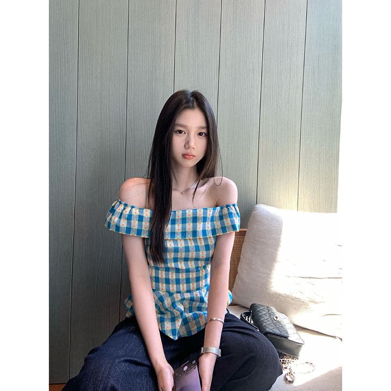 있음 선적 지퍼 네리 체크무늬 오프숄더 여성 셔츠 여름 한국 스타일 몸매 가꾸기 프릴 하이웨이스트 슬림해 보이는 맨위 상세 이미지 11