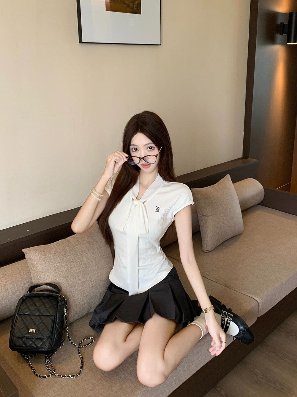있음 선적 원본 것 나비 매듭 스트랩 화이트 나비 매듭 스트랩 꼬집기 허리 슬림해 보이는 반팔 티셔츠 여성 여름 이미지 3