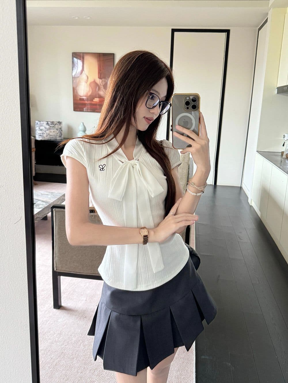 있음 선적 원본 것 나비 매듭 스트랩 화이트 나비 매듭 스트랩 꼬집기 허리 슬림해 보이는 반팔 티셔츠 여성 여름 상세 이미지 4