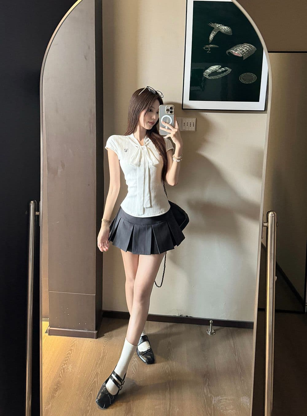 있음 선적 원본 것 나비 매듭 스트랩 화이트 나비 매듭 스트랩 꼬집기 허리 슬림해 보이는 반팔 티셔츠 여성 여름 상세 이미지 12