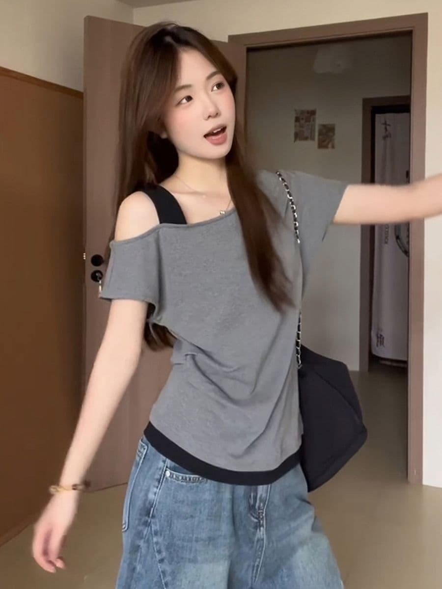 있음 선적 사람들 면 한 부서 페이크 레이어드 회색 비스듬한 어깨 반팔 티셔츠 여성 여름 배색 주름 오프숄더 맨위