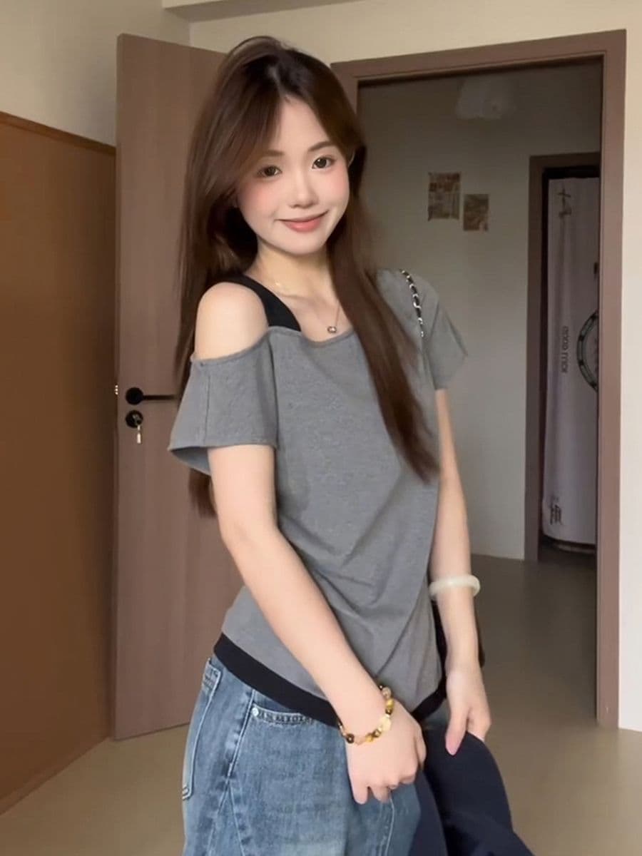 있음 선적 사람들 면 한 부서 페이크 레이어드 회색 비스듬한 어깨 반팔 티셔츠 여성 여름 배색 주름 오프숄더 맨위 상세 이미지 3