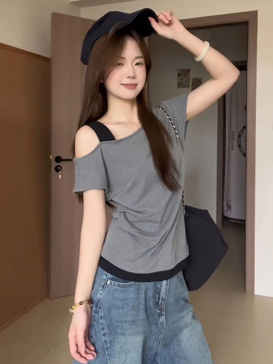 있음 선적 사람들 면 한 부서 페이크 레이어드 회색 비스듬한 어깨 반팔 티셔츠 여성 여름 배색 주름 오프숄더 맨위 상세 이미지 4