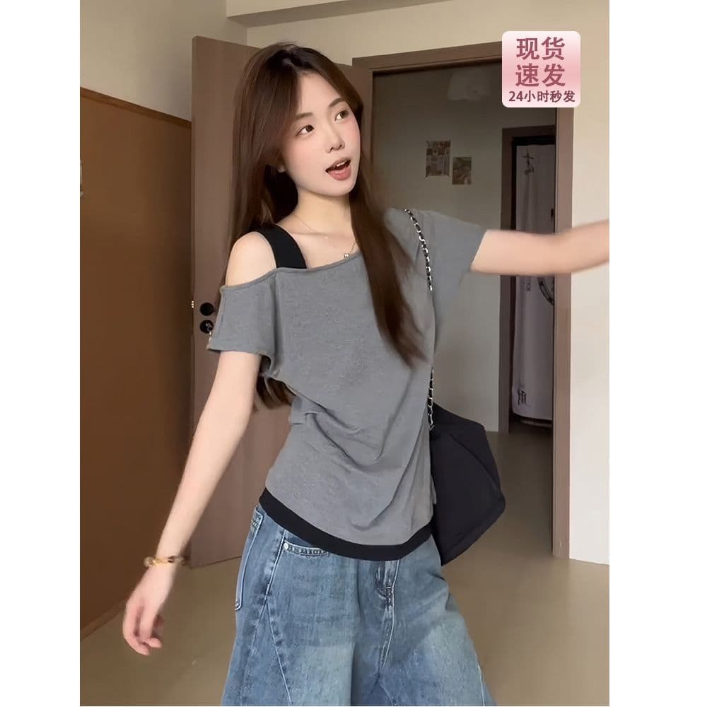 있음 선적 사람들 면 한 부서 페이크 레이어드 회색 비스듬한 어깨 반팔 티셔츠 여성 여름 배색 주름 오프숄더 맨위 상세 이미지 5