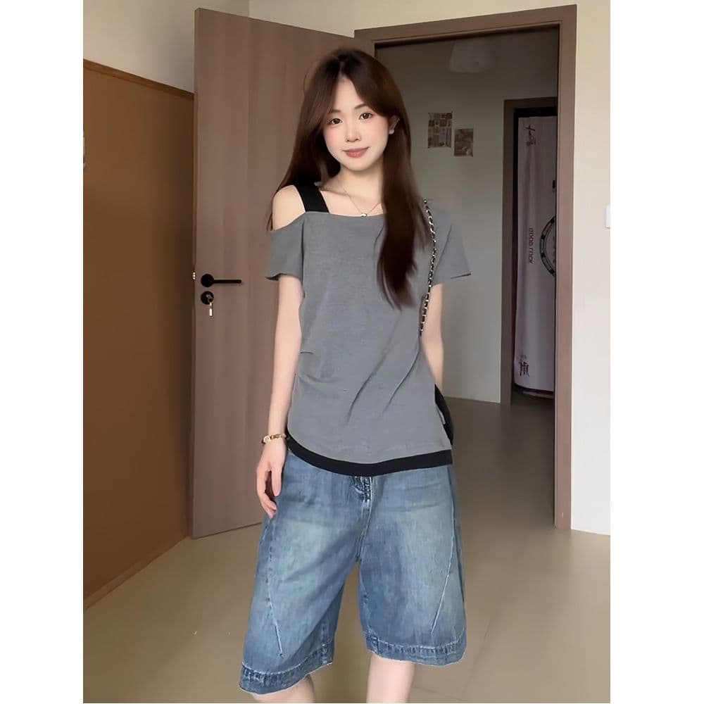 있음 선적 사람들 면 한 부서 페이크 레이어드 회색 비스듬한 어깨 반팔 티셔츠 여성 여름 배색 주름 오프숄더 맨위 상세 이미지 9