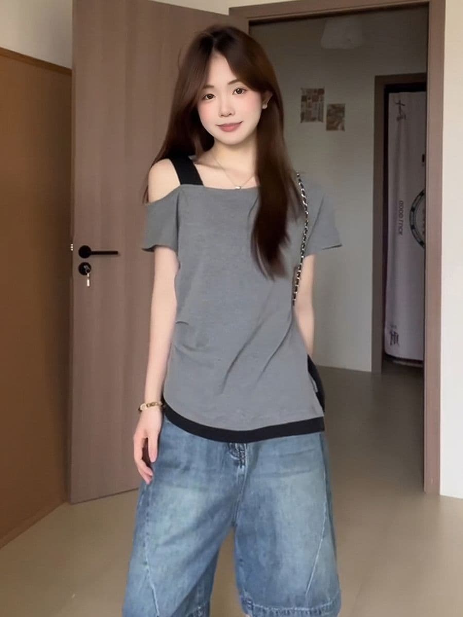 있음 선적 사람들 면 한 부서 페이크 레이어드 회색 비스듬한 어깨 반팔 티셔츠 여성 여름 배색 주름 오프숄더 맨위 상세 이미지 10