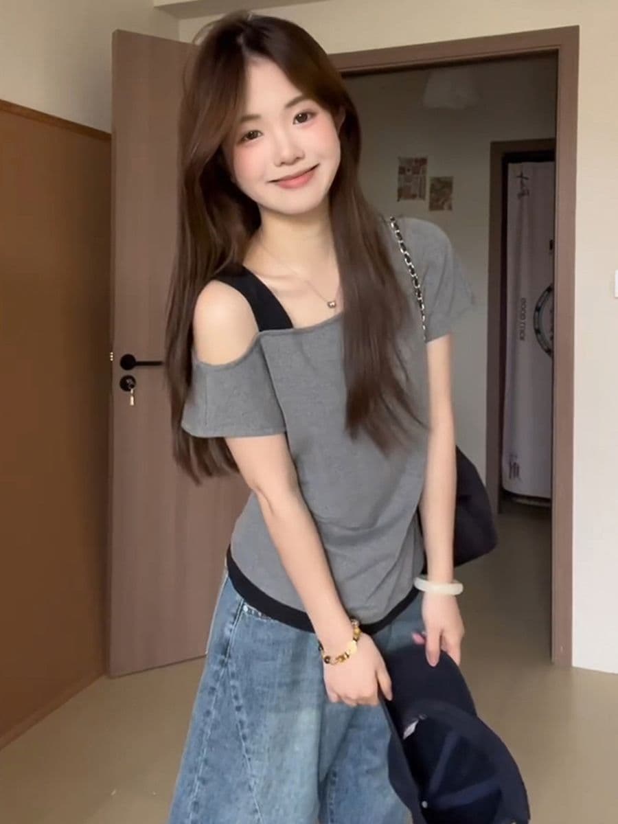 있음 선적 사람들 면 한 부서 페이크 레이어드 회색 비스듬한 어깨 반팔 티셔츠 여성 여름 배색 주름 오프숄더 맨위 상세 이미지 11