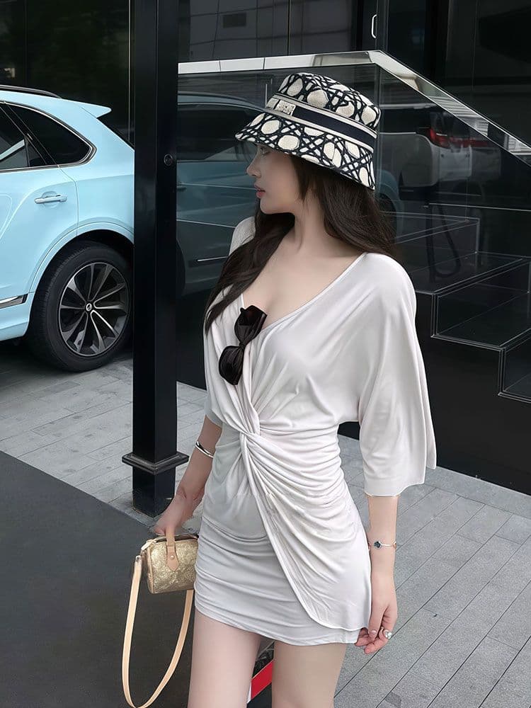있음 선적 원본 순수한 욕망 비틀림 주름 V넥 5 점 소매 여성 드레스 여름 몸매 가꾸기 슬림해 보이는 타이트 스커트 상세 이미지 3