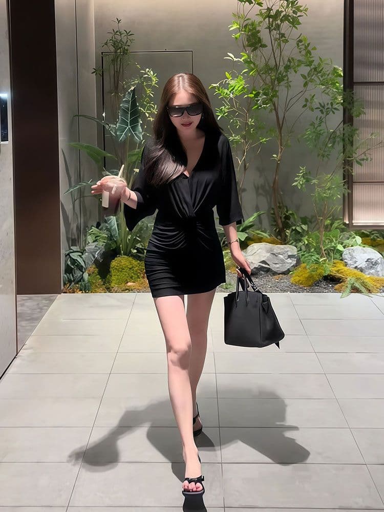 있음 선적 원본 순수한 욕망 비틀림 주름 V넥 5 점 소매 여성 드레스 여름 몸매 가꾸기 슬림해 보이는 타이트 스커트 상세 이미지 4