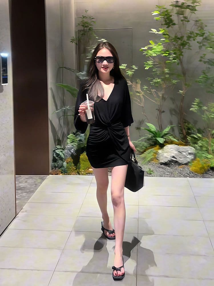 있음 선적 원본 순수한 욕망 비틀림 주름 V넥 5 점 소매 여성 드레스 여름 몸매 가꾸기 슬림해 보이는 타이트 스커트 상세 이미지 5