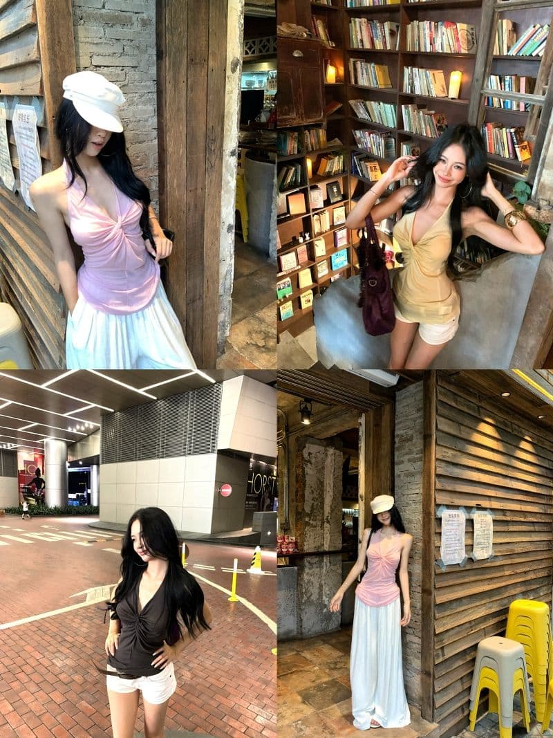 사람들 면 섹시한 아름다움 뒤로 황색 비틀림 행침 목 캐미솔 여름 몸매 가꾸기 민소매 외출용 순수한 욕망 바람 상세 이미지 2