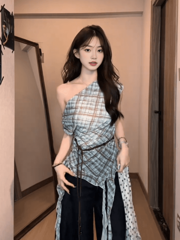 있음 선적 있음 벨트 한 부서 품격 도트 무늬 불규칙 반팔 티셔츠 배색 체크무늬 비스듬한 어깨 의류 여성 여름 상세 이미지 10