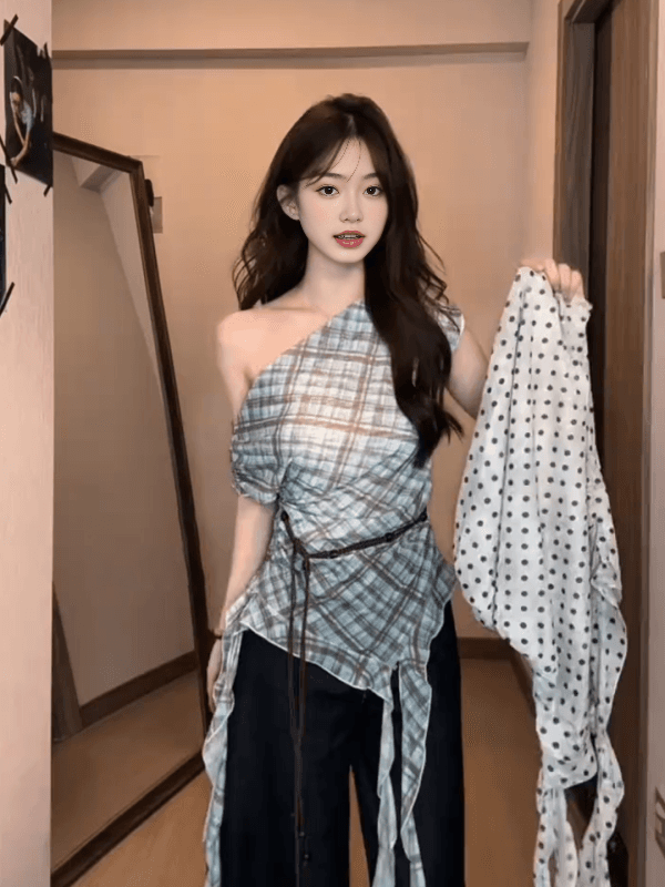 있음 선적 있음 벨트 한 부서 품격 도트 무늬 불규칙 반팔 티셔츠 배색 체크무늬 비스듬한 어깨 의류 여성 여름 상세 이미지 11