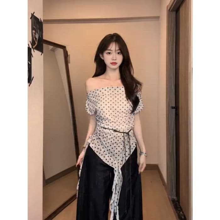 있음 선적 있음 벨트 한 부서 품격 도트 무늬 불규칙 반팔 티셔츠 배색 체크무늬 비스듬한 어깨 의류 여성 여름 상세 이미지 18