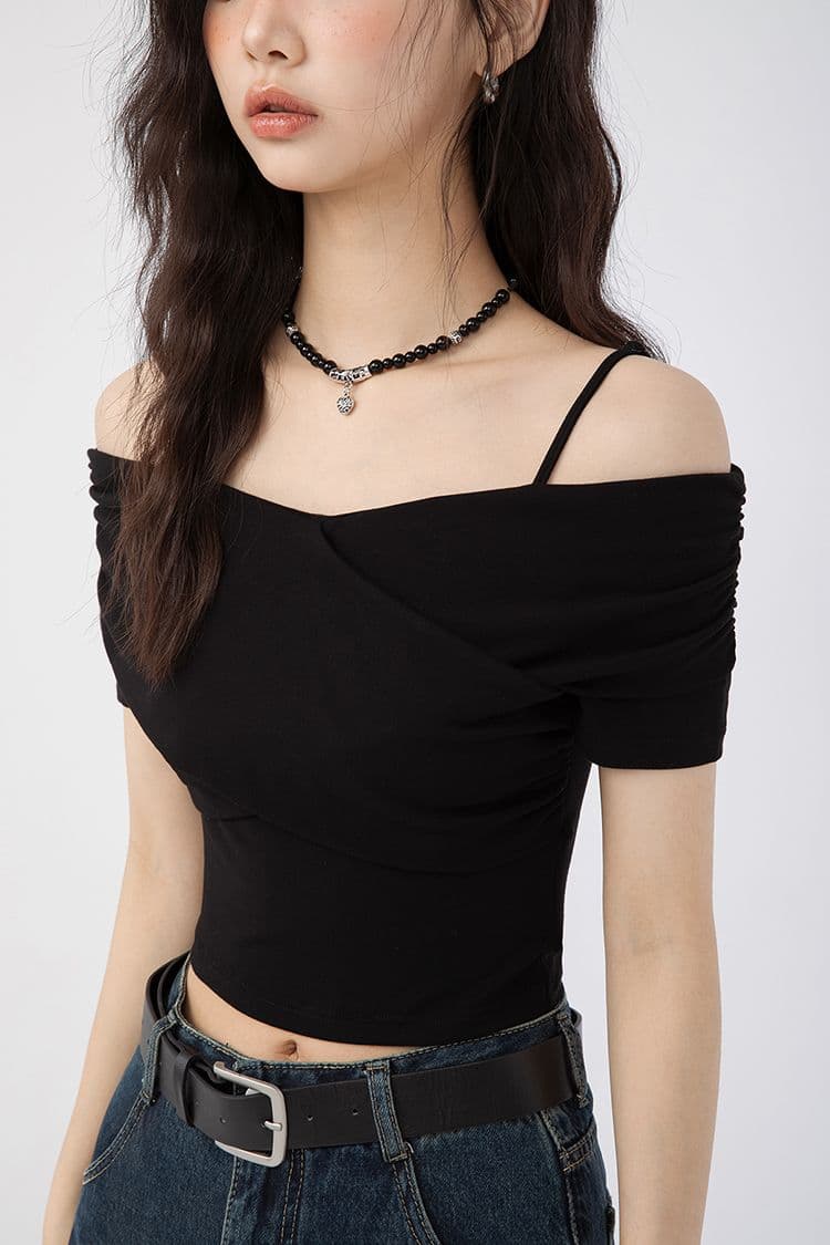 있음 선적 양면 웨어러블 검정색 오프숄더 반팔 티셔츠 여성 여름 디자인 센스 작은 대중 몸매 가꾸기 슬림해 보이는 맨위 상세 이미지 13