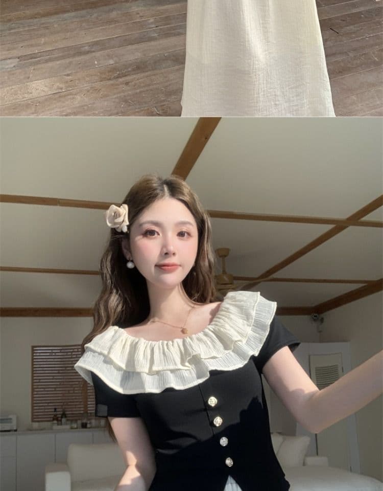 있음 선적 원본 것 빅 사이즈 여성 의류 마이크로 지방 소녀 착용 가져 가라. 여름 프랑스식 품격 오프숄더 티셔츠 상세 이미지 3