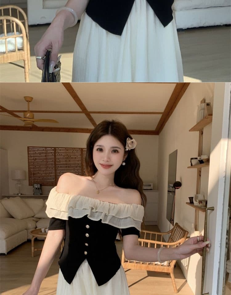 있음 선적 원본 것 빅 사이즈 여성 의류 마이크로 지방 소녀 착용 가져 가라. 여름 프랑스식 품격 오프숄더 티셔츠 상세 이미지 4