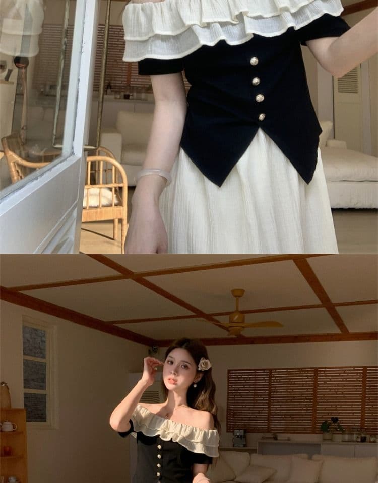 있음 선적 원본 것 빅 사이즈 여성 의류 마이크로 지방 소녀 착용 가져 가라. 여름 프랑스식 품격 오프숄더 티셔츠 상세 이미지 10