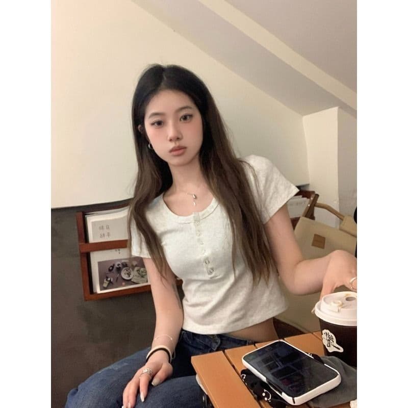 있음 선적 와 사고 방식 회색 미니멀리즘 반 개방 u 칼라 티셔츠 여성 의류 쇼트 스타일 몸매 가꾸기 기본 셔츠 반팔 맨위 상세 이미지 16
