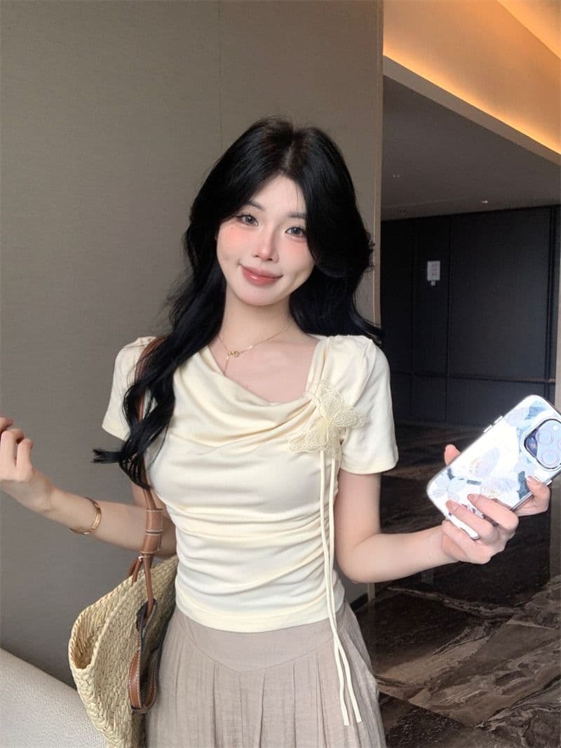 있음 선적 5 색상 와 사고 방식 한 부서 몸매 가꾸기 티셔츠 여성 여름 3 차원 나비 레이스업 흔들다 칼라 쇼트 스타일 맨위