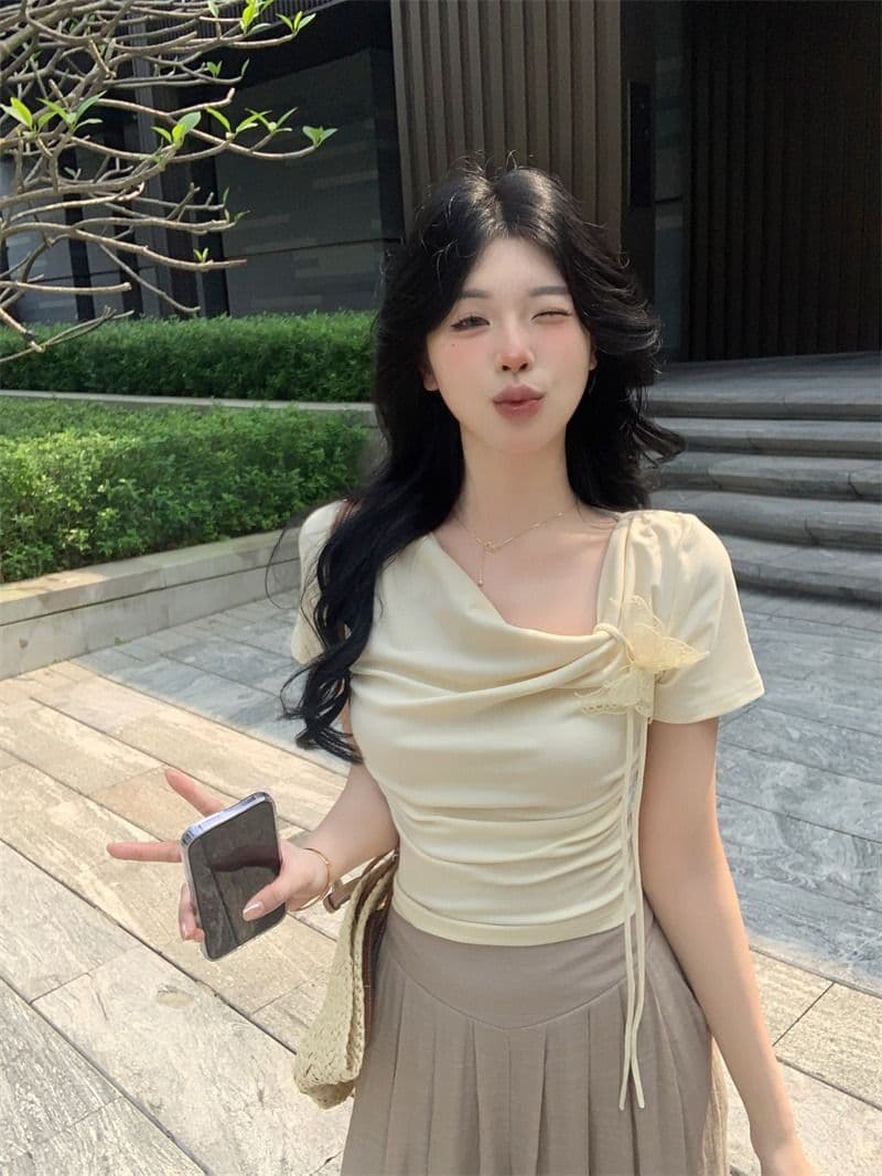 있음 선적 5 색상 와 사고 방식 한 부서 몸매 가꾸기 티셔츠 여성 여름 3 차원 나비 레이스업 흔들다 칼라 쇼트 스타일 맨위 상세 이미지 2
