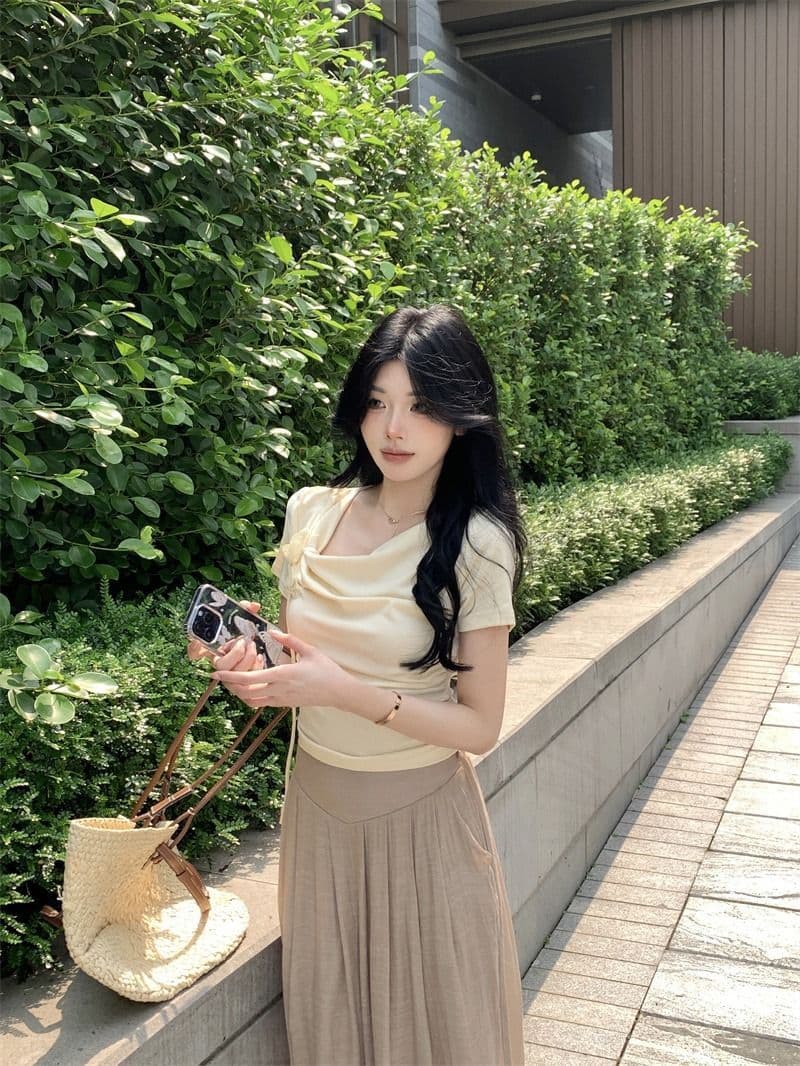 있음 선적 5 색상 와 사고 방식 한 부서 몸매 가꾸기 티셔츠 여성 여름 3 차원 나비 레이스업 흔들다 칼라 쇼트 스타일 맨위 상세 이미지 6