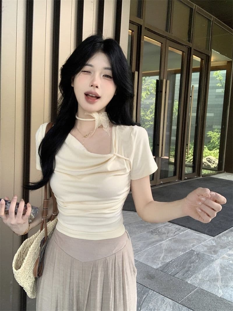 있음 선적 5 색상 와 사고 방식 한 부서 몸매 가꾸기 티셔츠 여성 여름 3 차원 나비 레이스업 흔들다 칼라 쇼트 스타일 맨위 상세 이미지 7