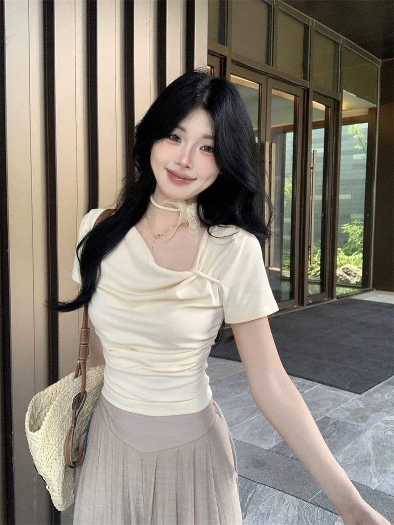 있음 선적 5 색상 와 사고 방식 한 부서 몸매 가꾸기 티셔츠 여성 여름 3 차원 나비 레이스업 흔들다 칼라 쇼트 스타일 맨위 상세 이미지 8