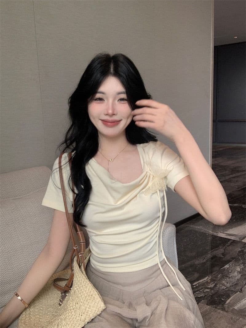 있음 선적 5 색상 와 사고 방식 한 부서 몸매 가꾸기 티셔츠 여성 여름 3 차원 나비 레이스업 흔들다 칼라 쇼트 스타일 맨위 상세 이미지 10