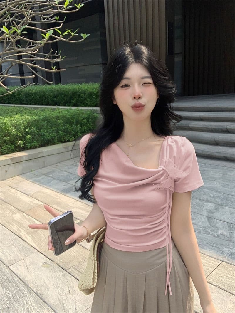 있음 선적 5 색상 와 사고 방식 한 부서 몸매 가꾸기 티셔츠 여성 여름 3 차원 나비 레이스업 흔들다 칼라 쇼트 스타일 맨위 상세 이미지 14
