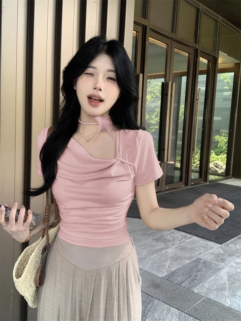 있음 선적 5 색상 와 사고 방식 한 부서 몸매 가꾸기 티셔츠 여성 여름 3 차원 나비 레이스업 흔들다 칼라 쇼트 스타일 맨위 상세 이미지 15