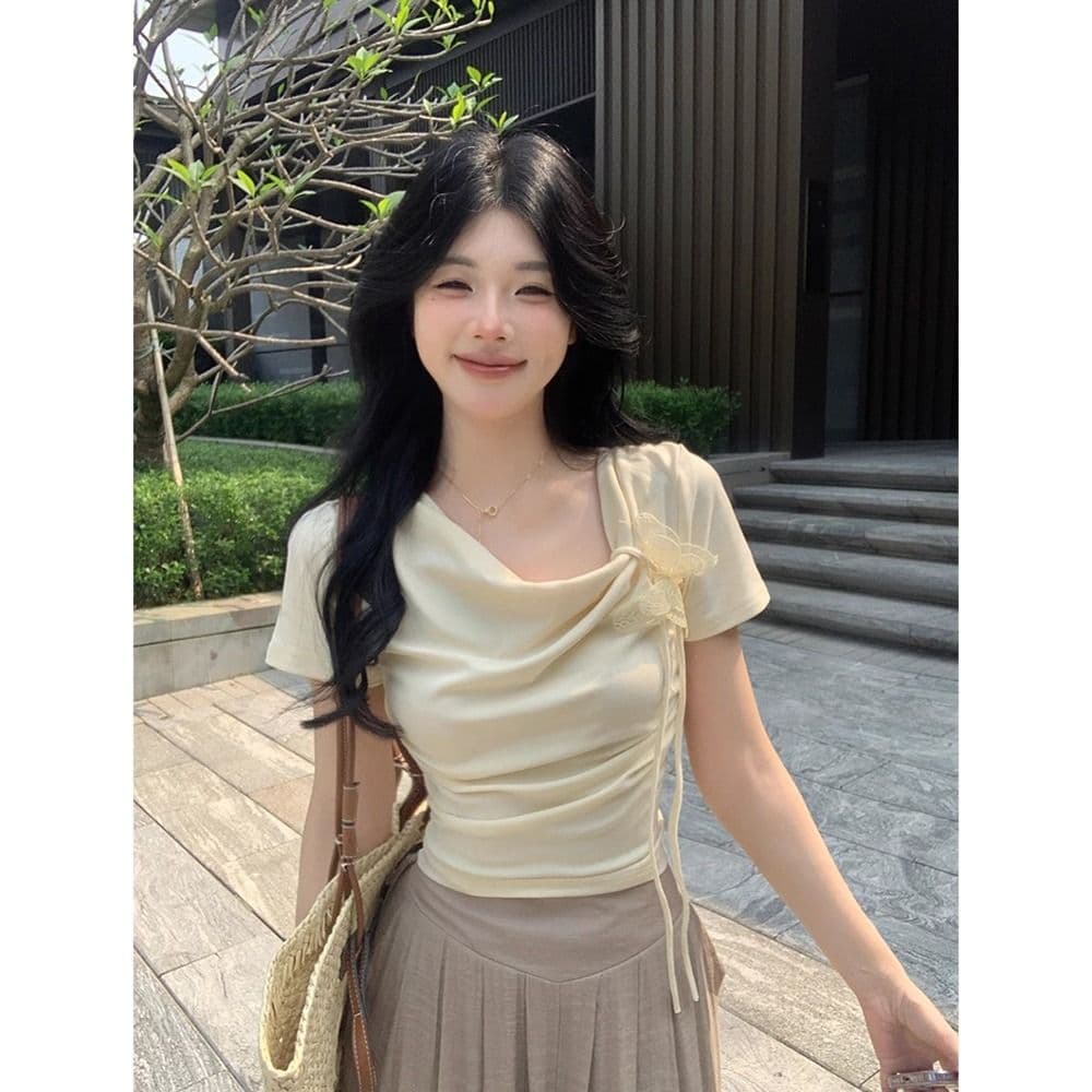 있음 선적 5 색상 와 사고 방식 한 부서 몸매 가꾸기 티셔츠 여성 여름 3 차원 나비 레이스업 흔들다 칼라 쇼트 스타일 맨위 상세 이미지 19