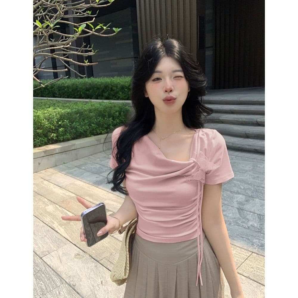 있음 선적 5 색상 와 사고 방식 한 부서 몸매 가꾸기 티셔츠 여성 여름 3 차원 나비 레이스업 흔들다 칼라 쇼트 스타일 맨위 상세 이미지 20