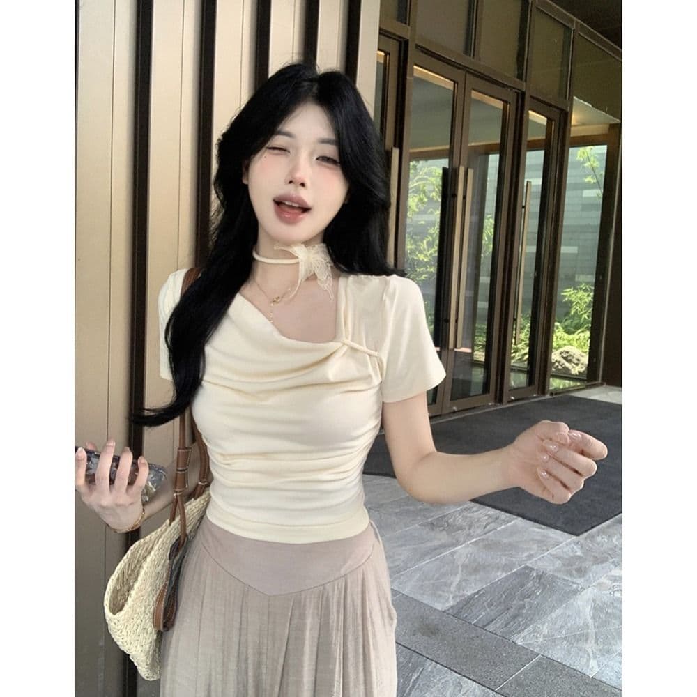 있음 선적 5 색상 와 사고 방식 한 부서 몸매 가꾸기 티셔츠 여성 여름 3 차원 나비 레이스업 흔들다 칼라 쇼트 스타일 맨위 상세 이미지 21