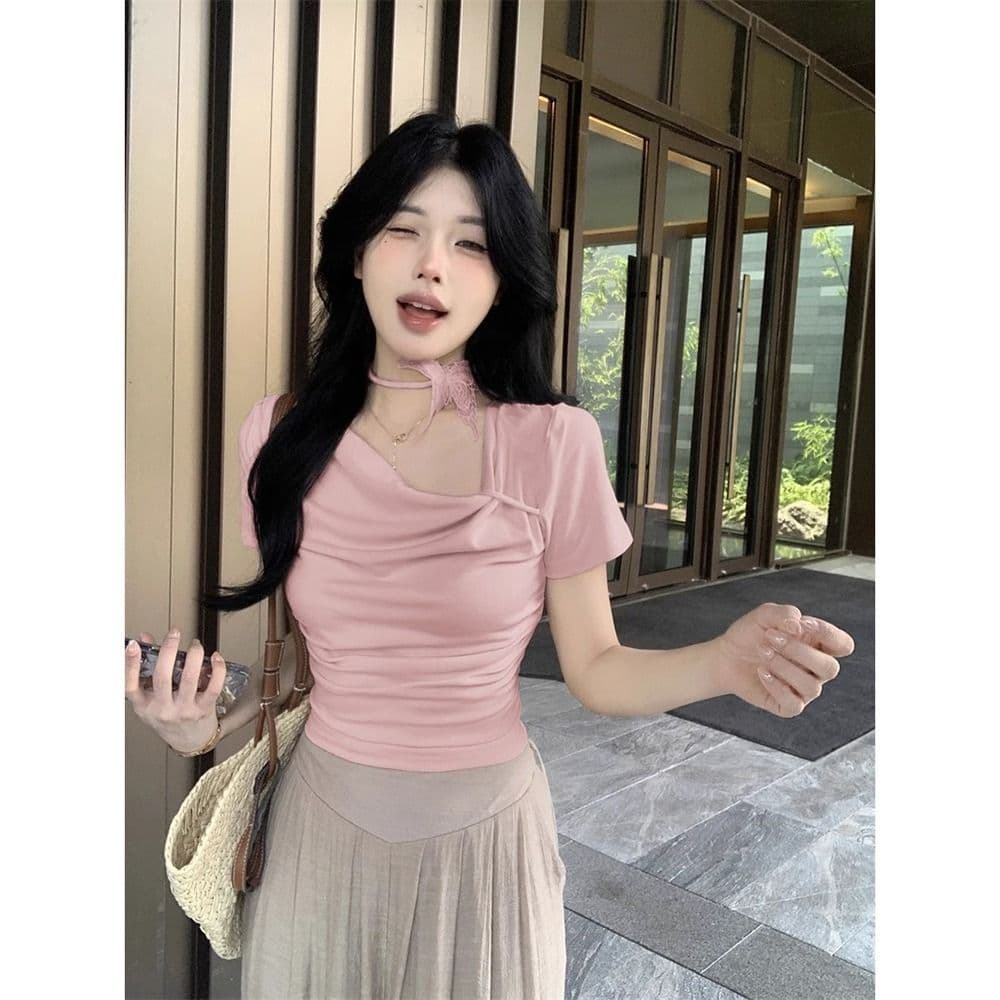 있음 선적 5 색상 와 사고 방식 한 부서 몸매 가꾸기 티셔츠 여성 여름 3 차원 나비 레이스업 흔들다 칼라 쇼트 스타일 맨위 상세 이미지 22