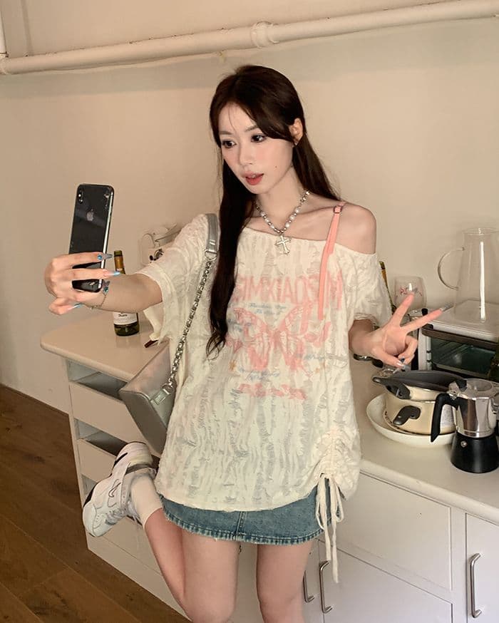 있음 선적 원본 원단 한국 스타일 프린트 알파벳 오프숄더 자외선 차단 루즈핏 맨위 여성 슬림해 보이는 새로운 여성 의류 이미지 4