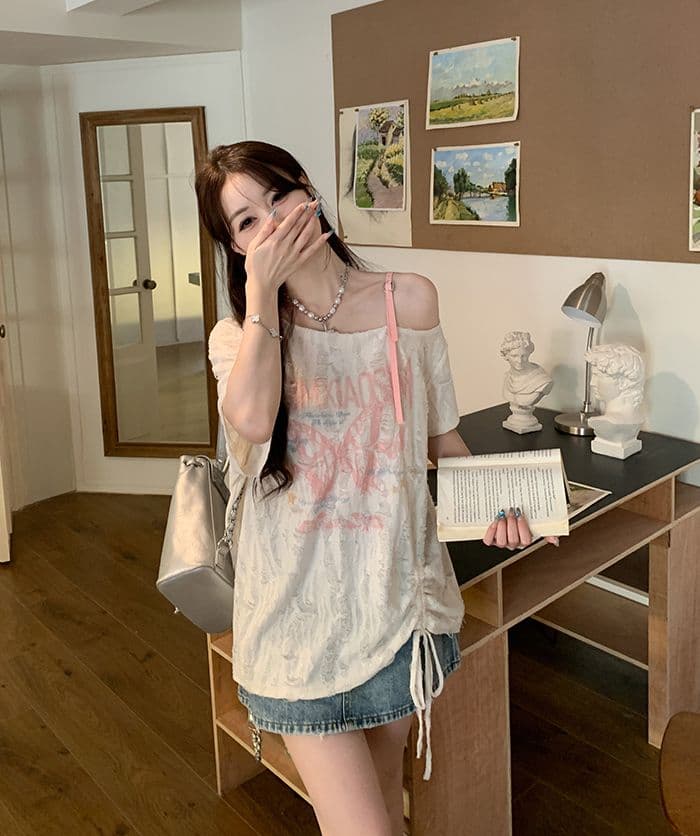 있음 선적 원본 원단 한국 스타일 프린트 알파벳 오프숄더 자외선 차단 루즈핏 맨위 여성 슬림해 보이는 새로운 여성 의류 상세 이미지 5