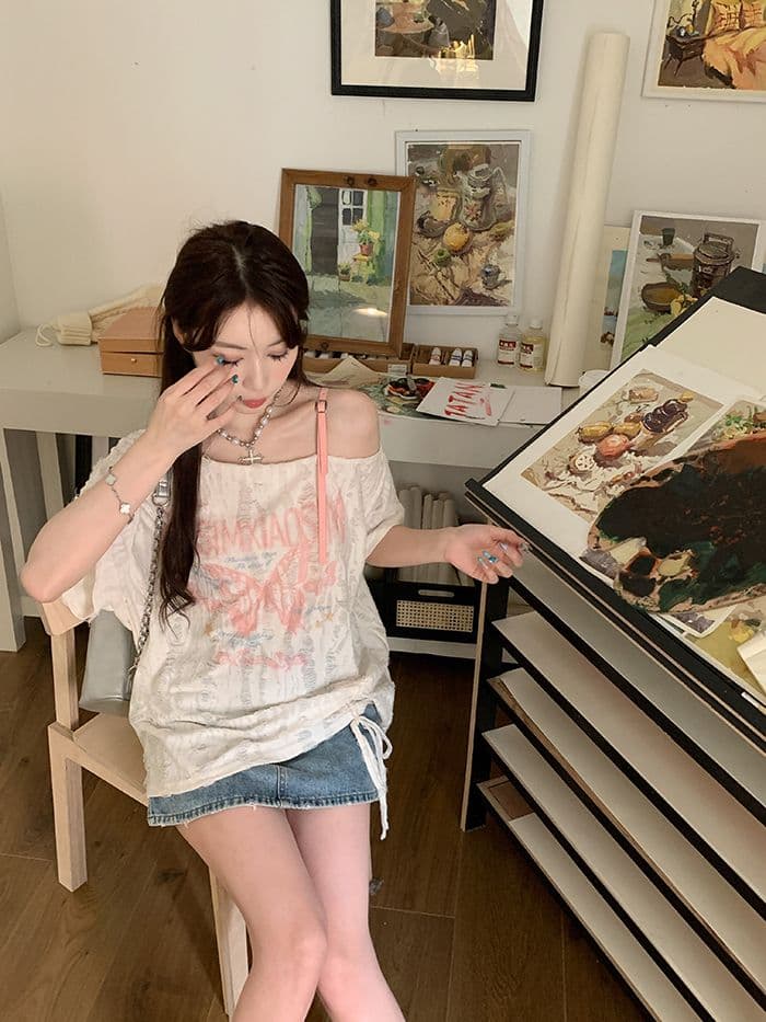 있음 선적 원본 원단 한국 스타일 프린트 알파벳 오프숄더 자외선 차단 루즈핏 맨위 여성 슬림해 보이는 새로운 여성 의류 상세 이미지 14