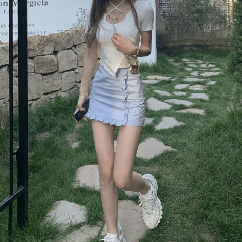 있음 선적 경관 그림 40 면 리브 레이스업 티셔츠 여성용 짧은 소매 새로운 슬림해 보이는 순수한 욕망 몸매 가꾸기 트렌디 이미지 4