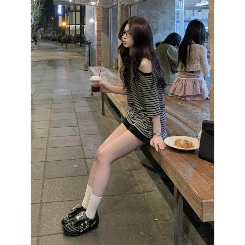 있음 선적 원본 대외 무역 면 한 부서 캐주얼 소녀 여름 느긋한 스트라이프 이슬 비스듬한 어깨 반팔 맨위 이미지 4