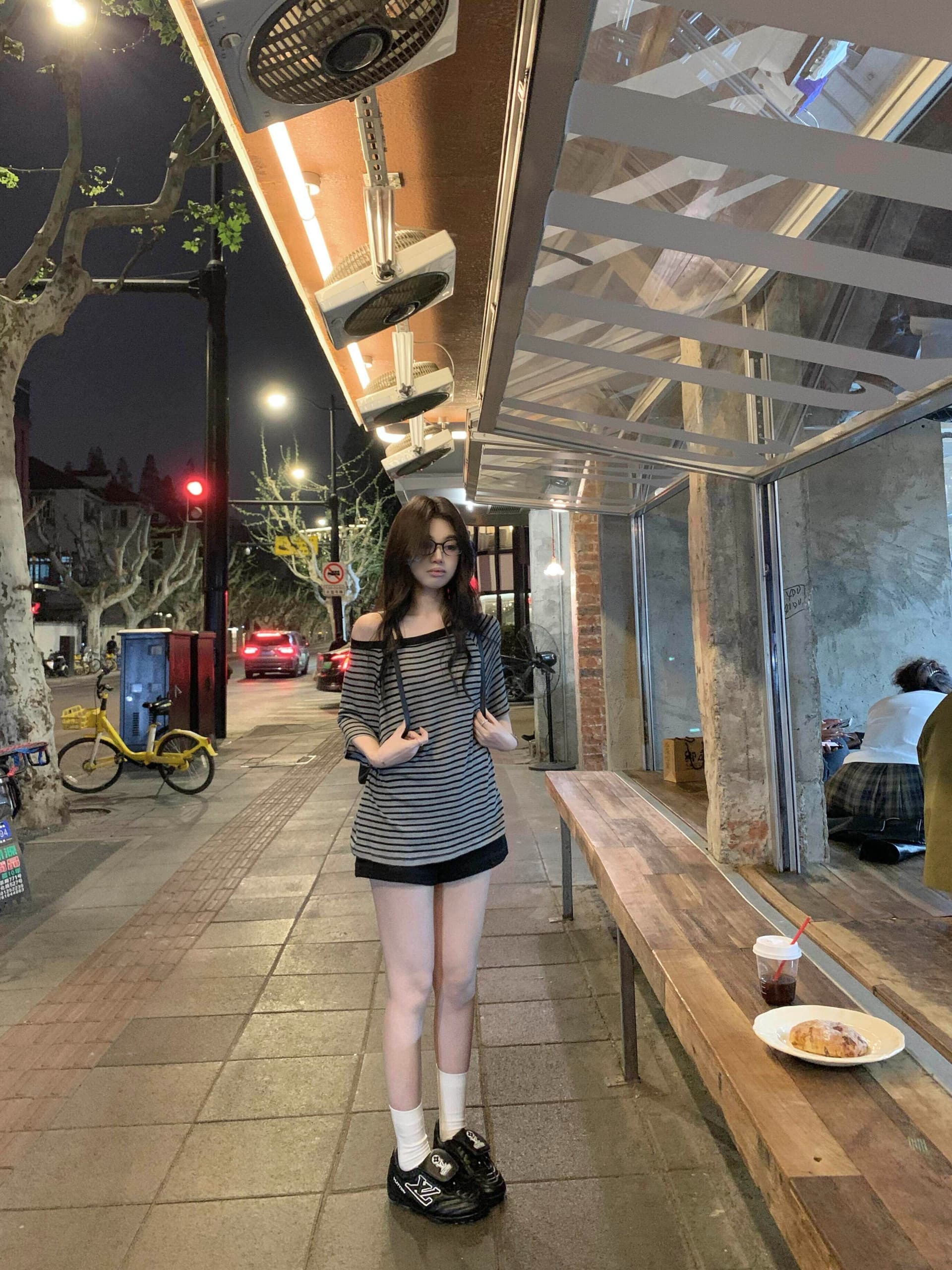 있음 선적 원본 대외 무역 면 한 부서 캐주얼 소녀 여름 느긋한 스트라이프 이슬 비스듬한 어깨 반팔 맨위 상세 이미지 7