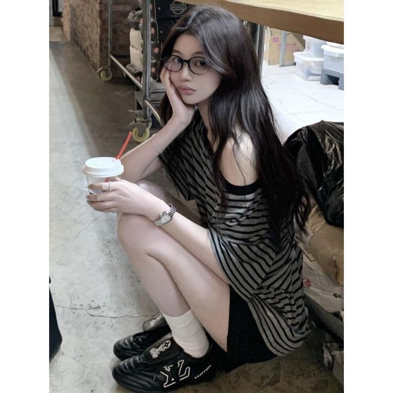 있음 선적 원본 대외 무역 면 한 부서 캐주얼 소녀 여름 느긋한 스트라이프 이슬 비스듬한 어깨 반팔 맨위 상세 이미지 13