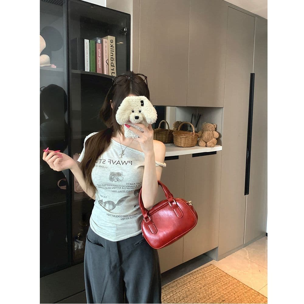 있음 선적 면 새끼 고양이 프린트 비스듬한 어깨 반팔 티셔츠 여성 여름 디자인 센스 불규칙 오프숄더 쇼트 스타일 맨위 이미지 2